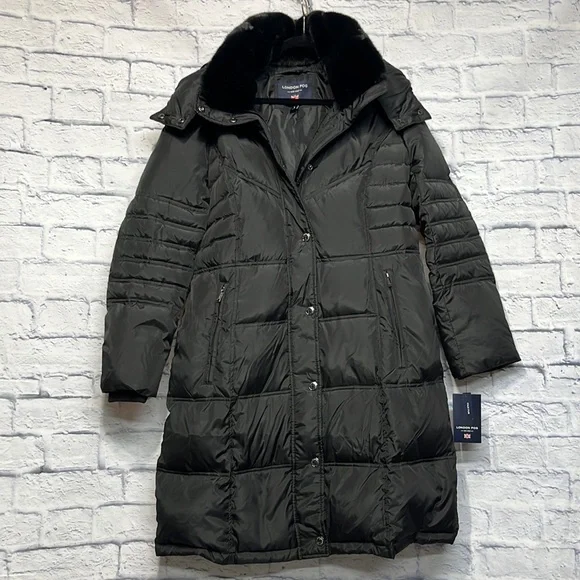 NWT-LONDON FOG Women's Chevron Coat with Faux Fur Trimmed Hood - Picture 4 of 8